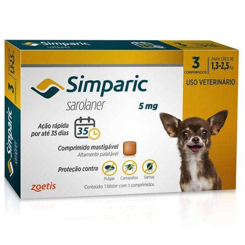 Antipulgas Zoetis Simparic 5mg para Cães 1,3 a 2,5 Kg - 3 Comprimidos