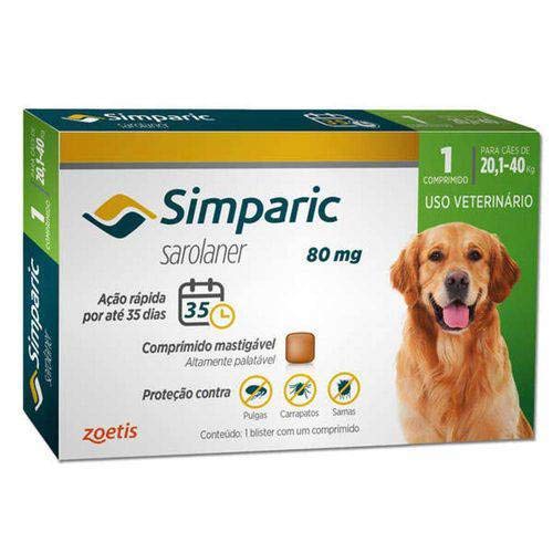 Antipulgas Zoetis Simparic 80mg para Cães 20 a 40Kg - 1 Comprimido
