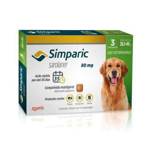 Antipulgas Zoetis Simparic 80mg para Cães 20 a 40Kg - 3 Comprimidos