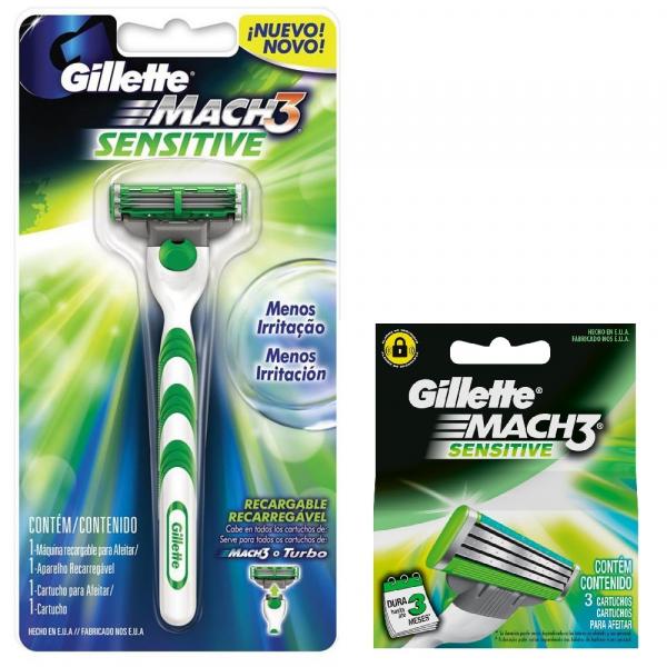 Aparelho de Barbear Gillette Mach 3 Sensitive + Carga Mach 3 - 3 Unidades