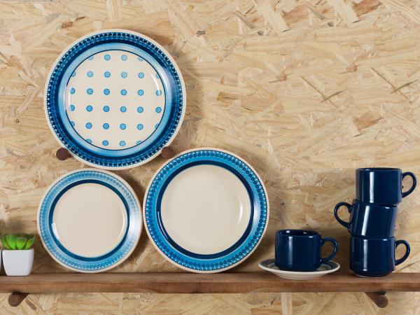 Aparelho de Jantar 20 Peças Biona Cerâmica - Redondo Branco e Azul Donna