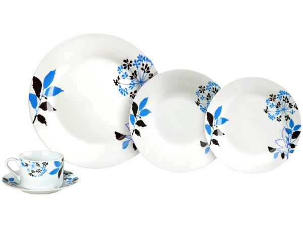 Aparelho de Jantar 20 Peças Evolux Porcelana - Redondo Branco Innova Floral Azul
