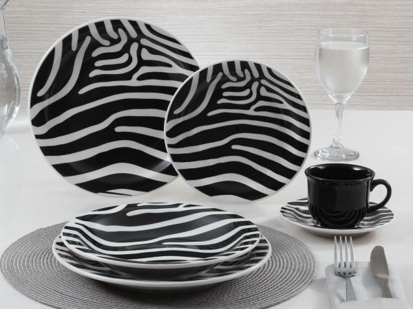 Aparelho de Jantar 30 Peças Oxford Cerâmica - Redondo Preto e Branco Zebra