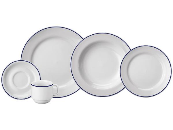 Aparelho de Jantar 20 Peças Schmidt Redondo - Branco e Azul Porcelana Filetado