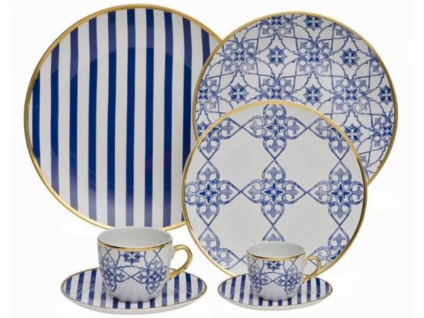 Aparelho de Jantar 42 Peças Oxford Porcelana - Redondo Branco e Azul Lusitana