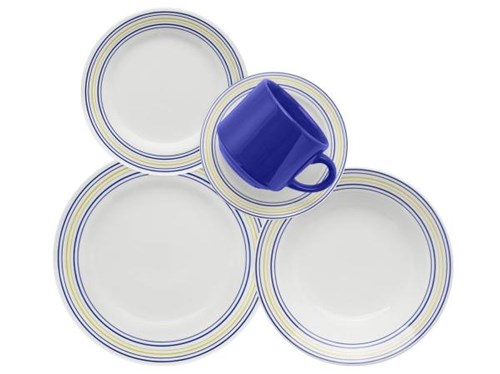 Aparelho de Jantar Chá 30 Peças Biona Cerâmica - Redondo Branco e Azul Donna Elis