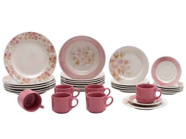 Aparelho de Jantar Chá 30 Peças Biona - Cerâmica Redondo Rosa Donna AE30-5160