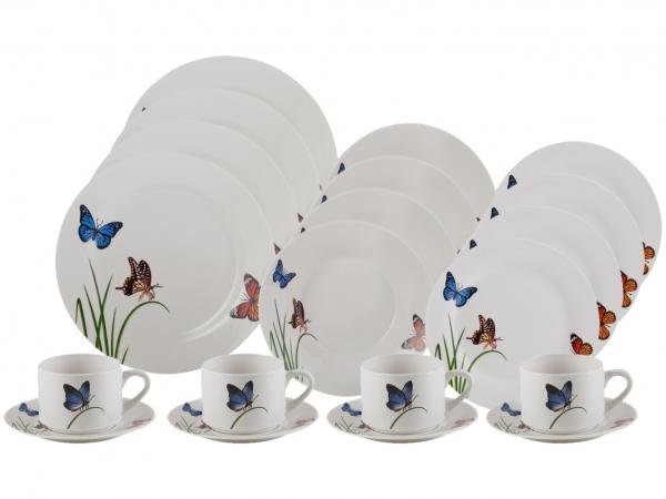 Aparelho de Jantar Chá 20 Peças Lyor Porcelana - Redondo Branco Butterflies