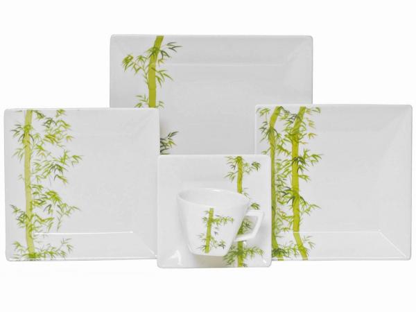Aparelho de Jantar Chá 30 Peças Oxford - Porcelana Quadrado Branco e Verde Bamboo