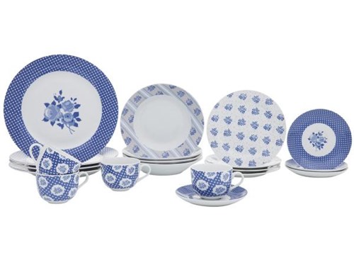 Aparelho de Jantar e Chá 20 Peças Casambiente - Porcelana Redondo Azul e Branco Isadora