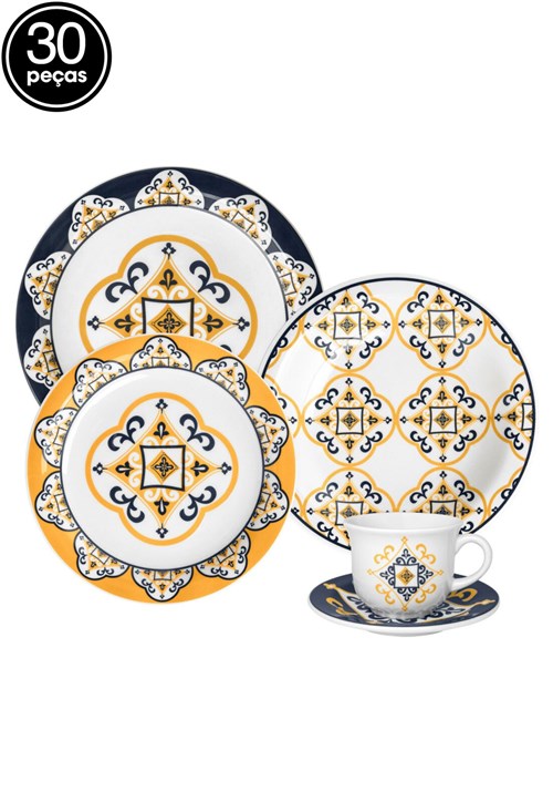 Aparelho de Jantar e Chá Oxford Porcelana Floreal São Luís 30 Pçs Branco/Azul/Amarelo