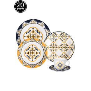 Aparelho de Jantar e Chá Oxford Porcelana Floreal São Luis 20Pçs Branco/Azul/Amarelo - BRANCO