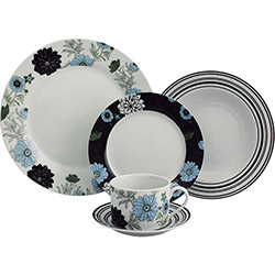 Aparelho de Jantar em Porcelana Branco com Ramos em Verde, Preto e Azul 20 Peças