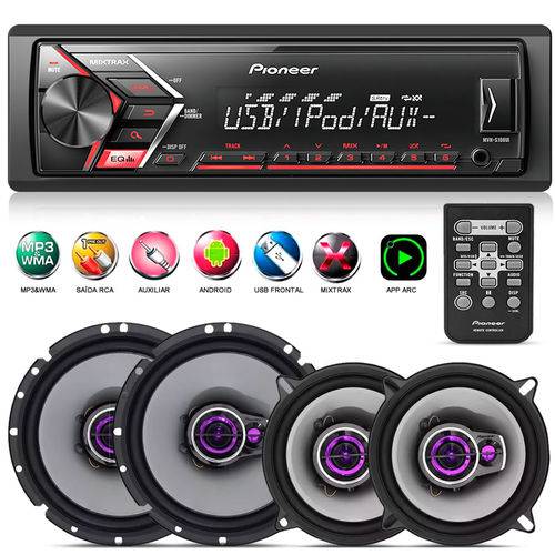 Aparelho de Som Pioneer USB Mp3 Controle + 04 Auto Falantes 5 e 6 Triaxial