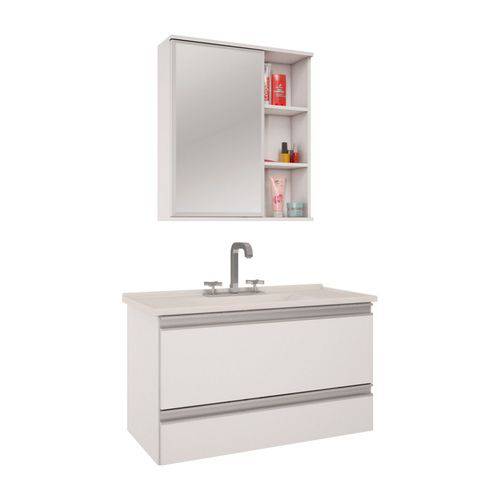Armário Banheiro com Espelheira e Pia em Marmore Sintetico Branco Treviso Mgm