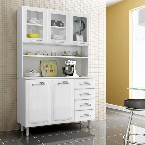 Armário de Cozinha 5 Portas 3 de Vidro 4 Gavetas Premium Itatiaia Branco