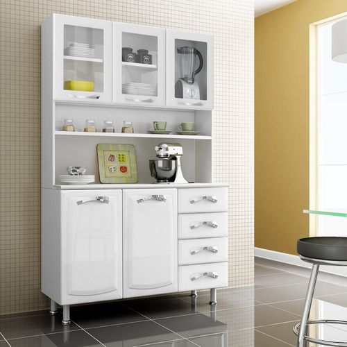 Armário de Cozinha 5 Portas 3 de Vidro 4 Gavetas Premium Itatiaia Branco