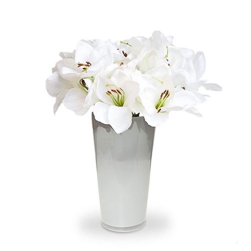 🏷️【Tudo Sobre】→ Arranjo de Flores Artificiais Amarilis Branca no Vaso  Vidro Branco 35x20