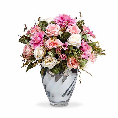 Arranjo de Flores Artificiais Rosas Coloridas Provencais no Vaso Espelhado 30x35 Cm