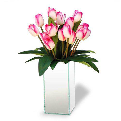 Tudo sobre 'Arranjo de Flores Artificiais Tulipas Rosas no Vaso de Vidro Espelhado Retangular 40x15cm'