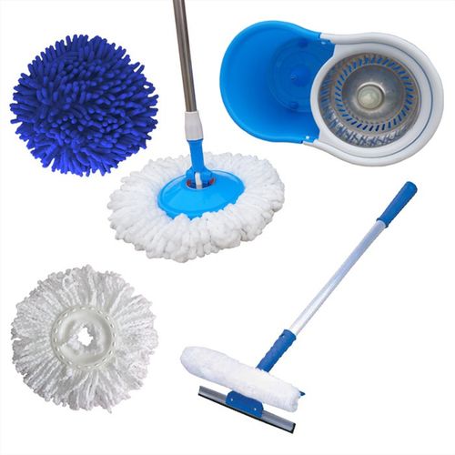 Balde Mop Esfregão Cesto Inox com 3 Refis + Rodo Limpa Vidros com Cabo