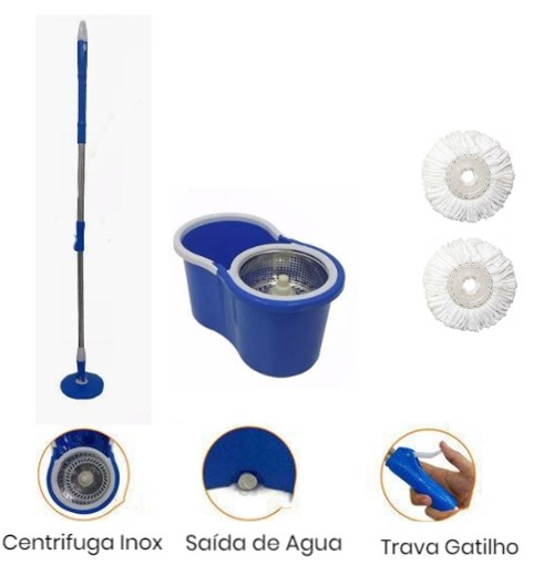 Balde Spin Mop Azul 360 Centrifuga Inox 2 Refil Esfregão Cabo de 1,30mts - Super Mop