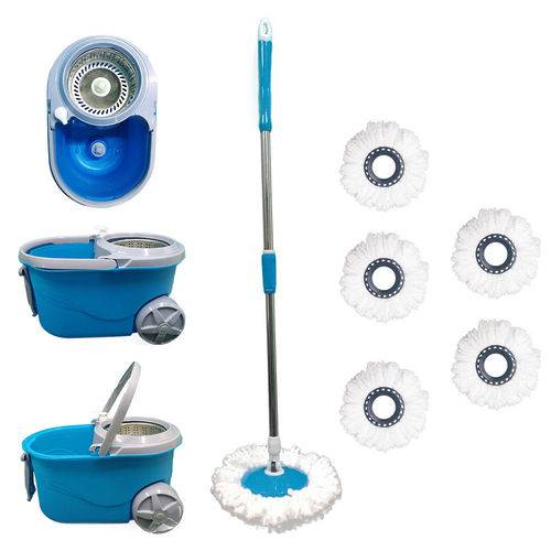 Balde Spin Mop Centrifuga Inox com Rodas Esfregão + 6 Refis - Azul