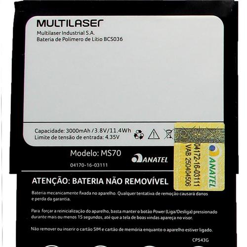 Bateria Celular Multilaser MS70 3,8V 3000mAh 11.4Wh BCS036 Original - PR064