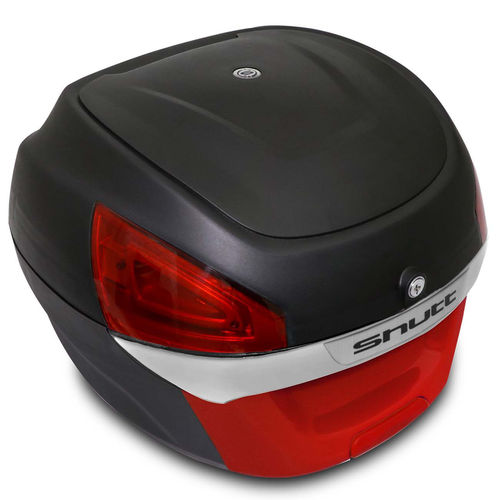 Baú Bauleto Moto 29 Litros Shutt Universal Preto e Vermelho Bagageiro Chave Base Fixação Refletores