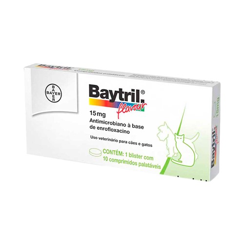 Baytril Flauvour 15mg para Cães e Gatos Uso Veterinário com 10 Comprimidos