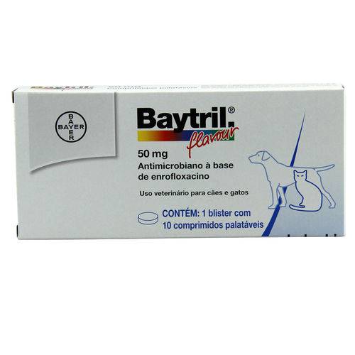 Baytril Flavour 50mg 10 Comp Bayer Antibiótico Cães e Gatos