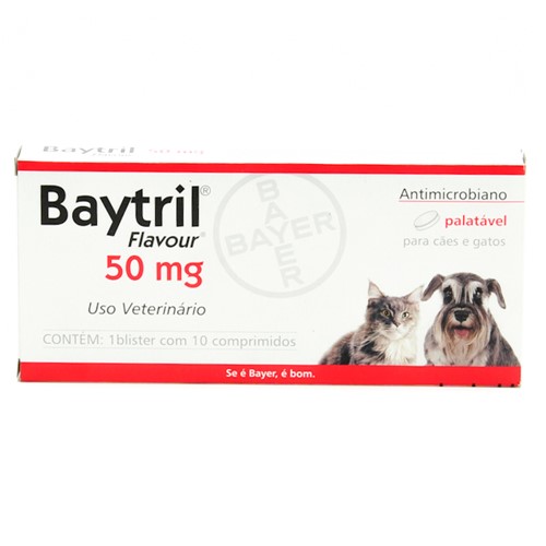Baytril Flavour 50mg para Cães e Gatos Uso Veterinário com 10 Comprimidos