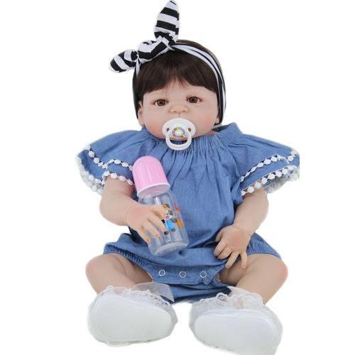 Bebê Reborn Menina 100% Silicone Boneca Realista Vestido Azul 55cm 1,6 Kg #016AS