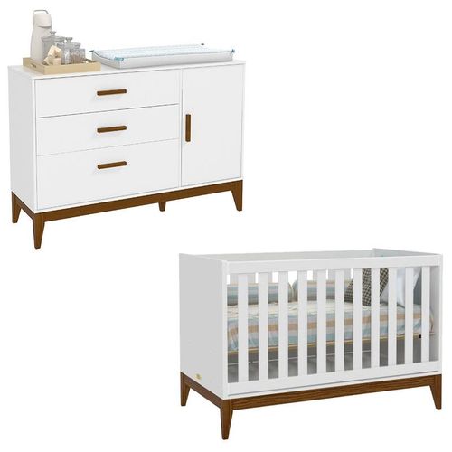 Berço Americano e Cômoda Infantil 1 Porta Nature Branco Eco Wood – Matic