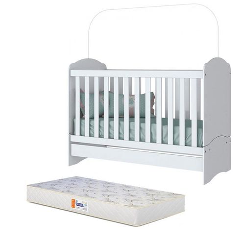 Berço Mini Cama Bala de Menta Branco com Colchão D18 de 10cm - Bege - Móveis Henn