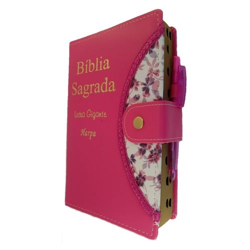 Bíblia Sagrada Letra Gigante - Pink - Botão e Caneta Revista e Corrigida
