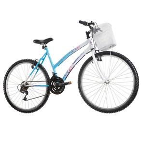 Bicicleta Aro 26 Feminina Track Bikes MTB Marbela com 18 Marchas e Cestão - Azul/Branca - Azul/Branca