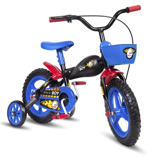 Bicicleta Colli Boy Moto 51, Aro 12, com Rodas de Apoio, Cestinha e com Freio V-Brake - Preto