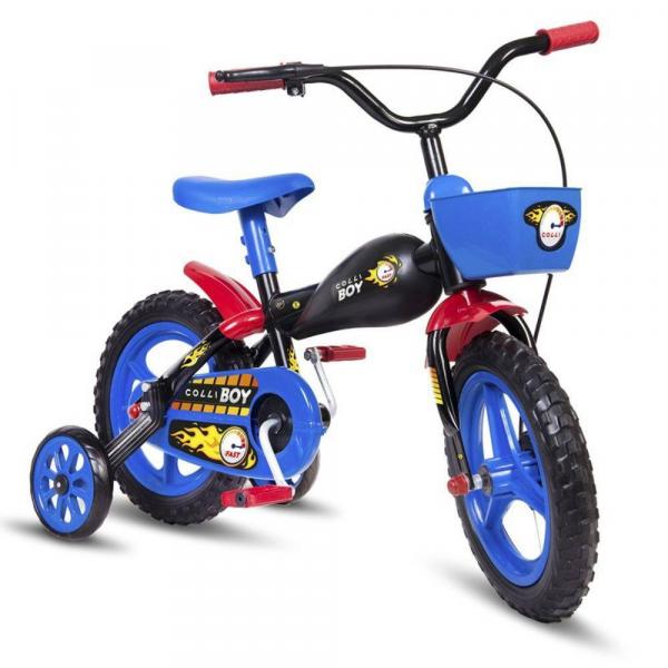 Bicicleta Colli Boy Moto 51 Aro 12 com Rodas de Apoio Cestinha Freios V- Brake Preto