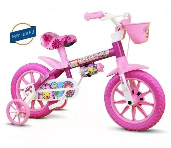 Bicicleta Infantil Aro 12 Nathor Flower PU - Rosa e Pink com Rodinhas com Cesta