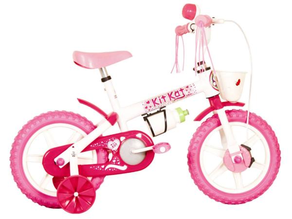 Bicicleta Infantil Aro 12 Track Bikes Kit Kat P - Branco e Rosa com Rodinhas com Cesta