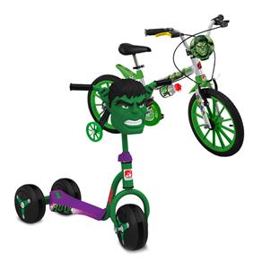 Bicicleta Infantil Aro 16 Bandeirante Avengers - Hulk + Patinete Clássico Bandeirante Hulk - Verde