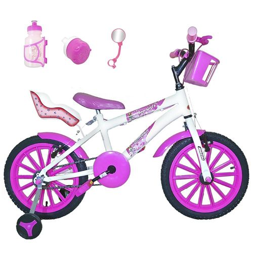 Bicicleta Infantil Aro 16 Branca Kit Pink C/ Cadeirinha para Boneca
