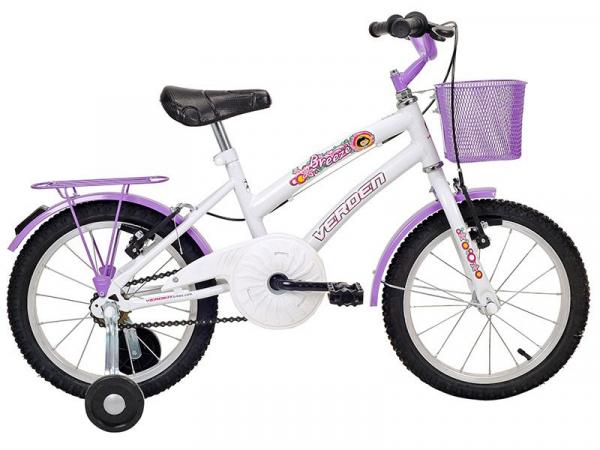 Bicicleta Infantil Aro 16 Verden Breeze Branco e - Lilás com Rodinhas com Cesta Freio V-Brake