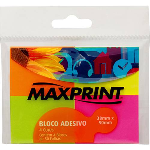 Bloco Adesivo Maxprint Pequeno (4 Blocos - 38x50mm) - Amarelo/ Verde / Rosa/ Laranja