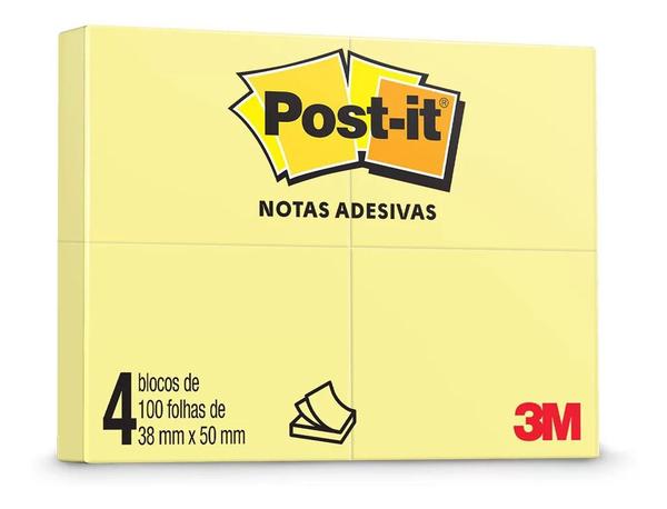 Bloco Adesivo Post-it 38x50mm Amarelo 100 Folhas C/ 4un 3m