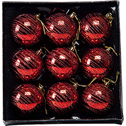 Bola Vermelha com Listras em Glitter, 7cm, 9 Unidades - Christmas Traditions