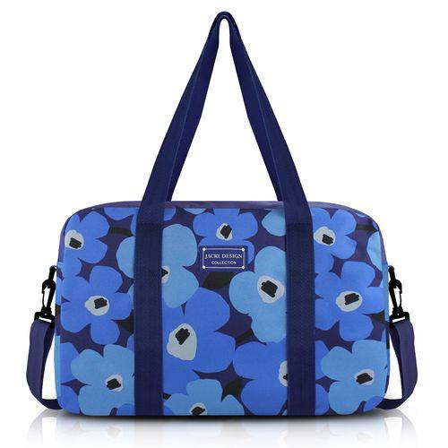 Bolsa Mala de Viagem Academia com Alça Ajustável Estampada Flores Jacki Design Azul