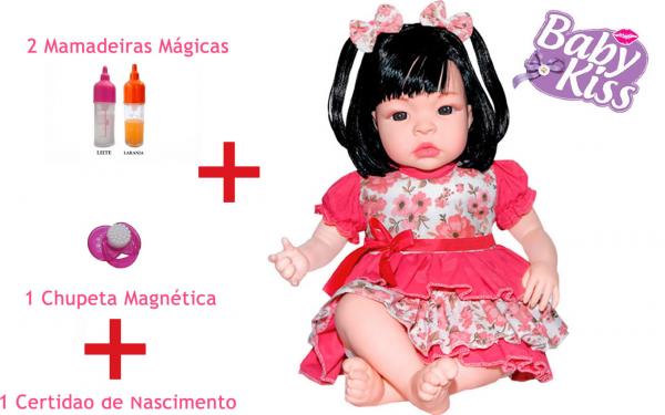 Boneca Baby Kiss Estilo Reborn + Chupeta Magnética + Mamadeiras Magica - Sidnyl