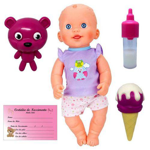 Boneca Bebê Hora de Papá - Fala Frases - com Acessórios Mamadeira Mágica Certidão de Nascimento Sorvetinho e Ursinho - Estrela Brinquedos